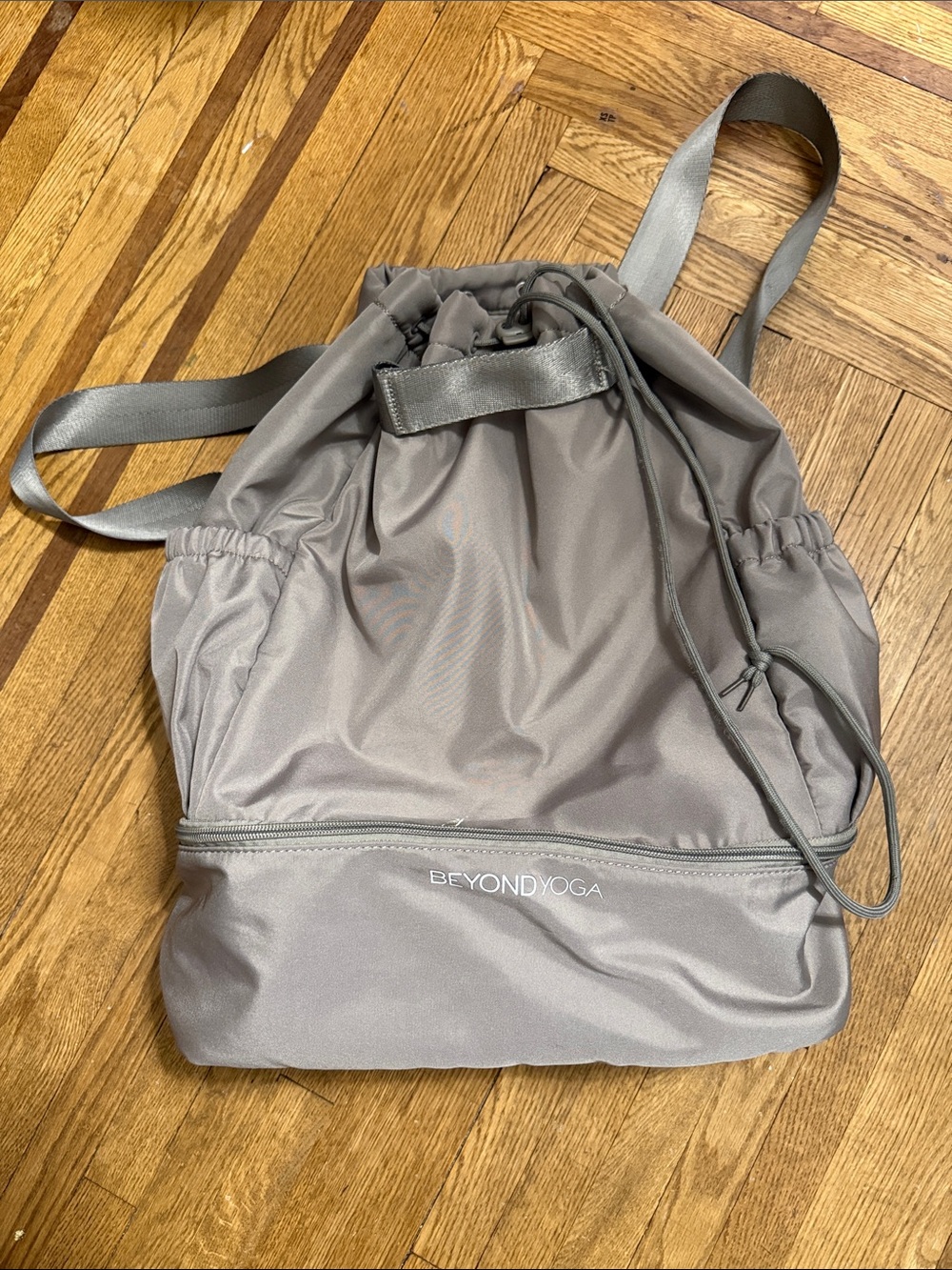 Beyond Yoga Taupe Drawstring Gym Backpack
